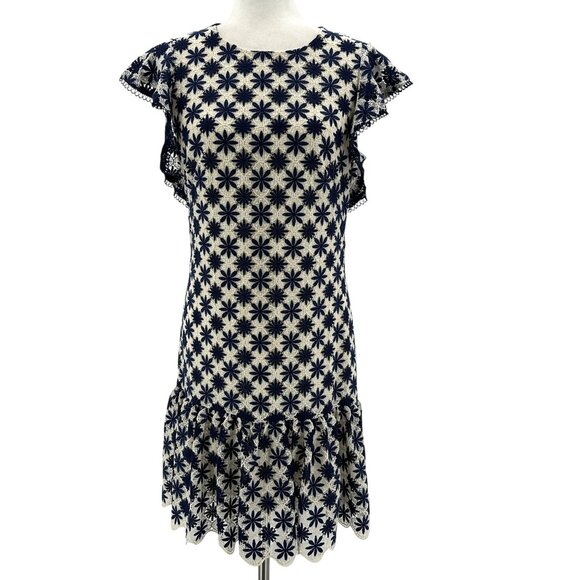 Shoshanna Womens 6 Dress Kassia Mini Embroidered Floral Lace Navy Ivory - Picture 1 of 10
